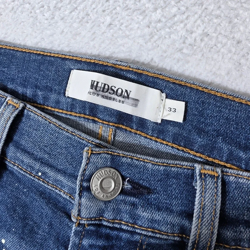 Hudson Zack Skinny Mens 33 Jeans Blue Paint Splatter Distressed Articulated Knee